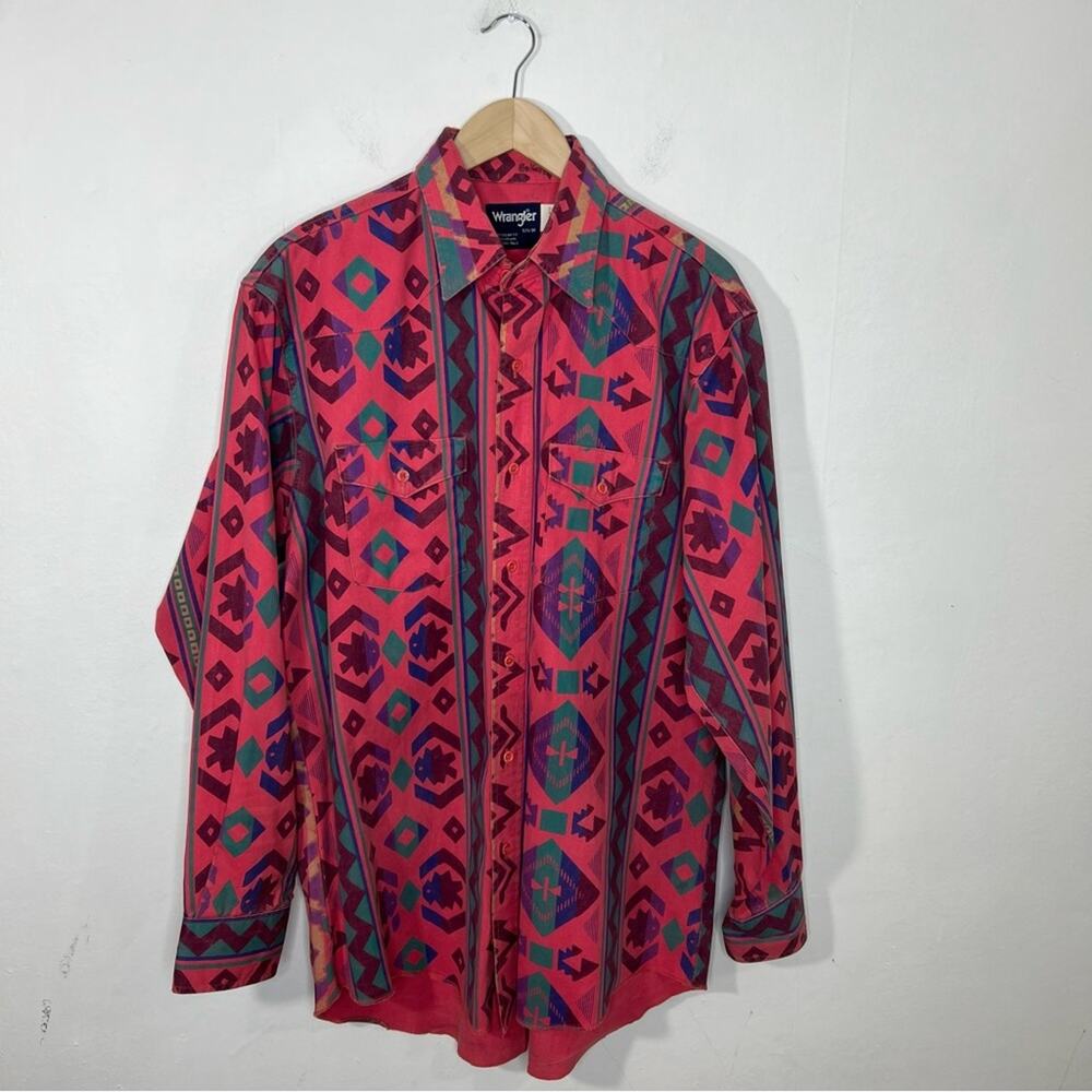 Vintage Wranglers Brush Popper Aztec Pink Button Down Long Sleeve Cowboy Size L